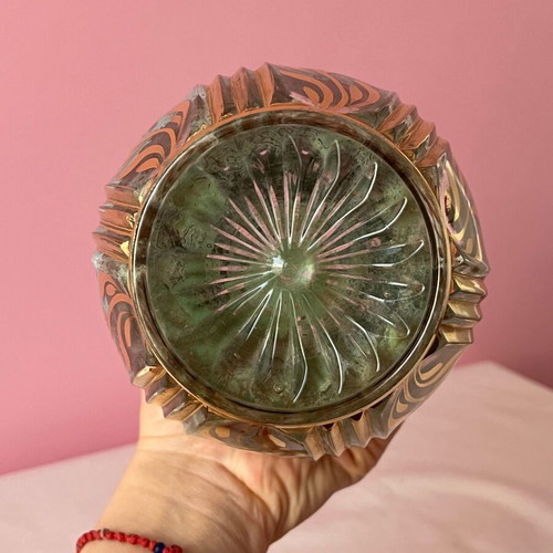 Vintage βάζο 22cm μεταχειρισμένο, σμαραγδί με ανάγλυφο χρυσό