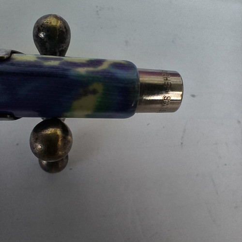 Caran d'Ache 849 pen used, Germanier collection, colorful hexagonal pattern