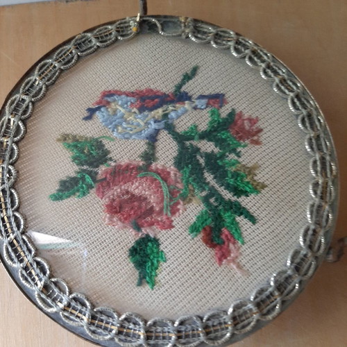 Decorative plate with embroidery and swan feet used, 1950s vintage