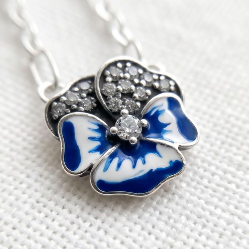 Pandora Blue Pansy Necklace and Earrings Set new, silver 925