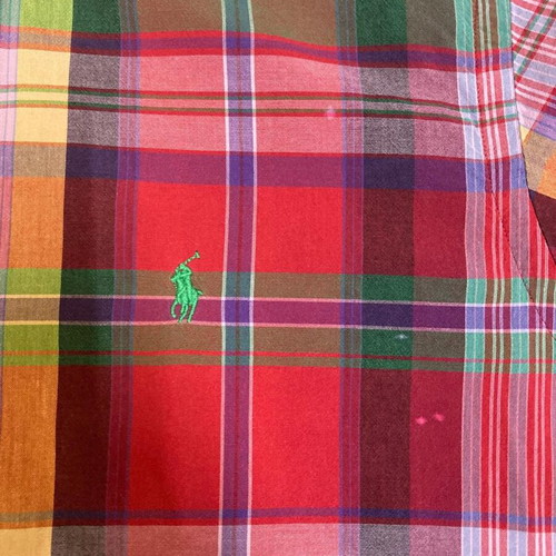 Ralph Lauren Oxford short sleeve shirt XL, red green blocked, dark green pony
