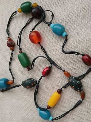 Vintage Boho Necklace with Colorful Stones and Rope, Like New