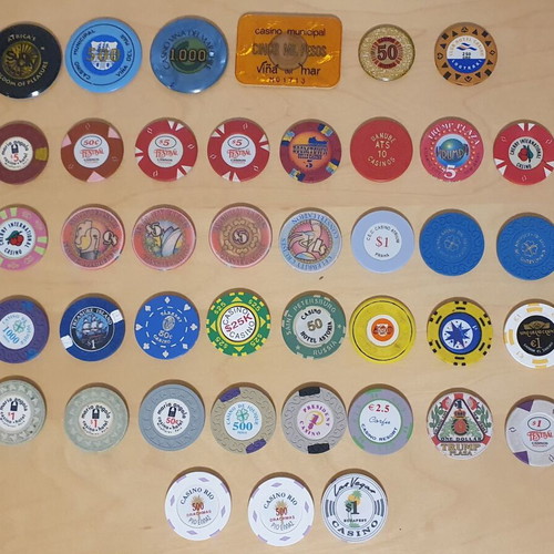 Casino chips used, set of 41 from around the world