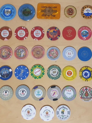 Casino chips used, set of 41 from around the world