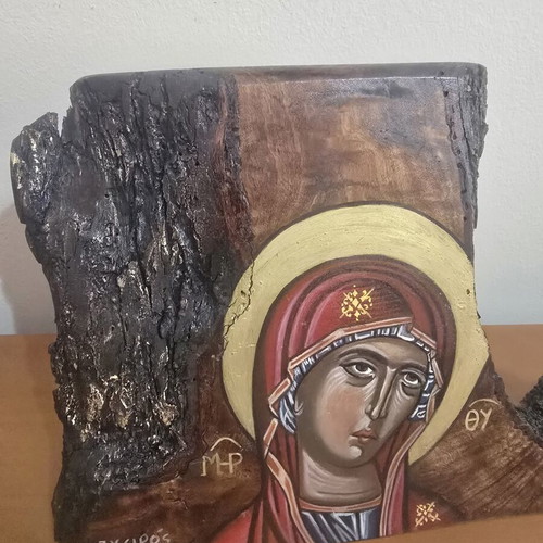 Panagia icon hand-painted on olive wood trunk new
