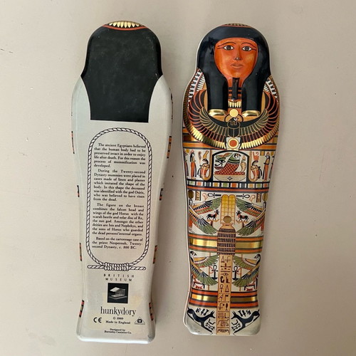 Metal sarcophagus pencil case used, vintage Ancient Egypt item