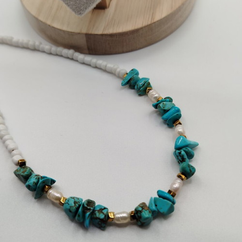 Handmade necklace with turquoise, pearl, hematite, glass, and stainless steel new