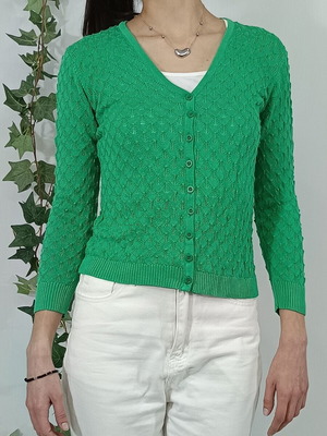 Knitted green cardigan like new with V neckline, size S