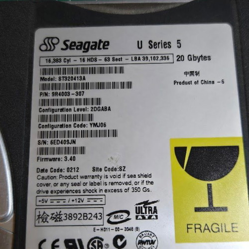 Vintage Retro Seagate U Series 5 20GB IDE Hard Disk used