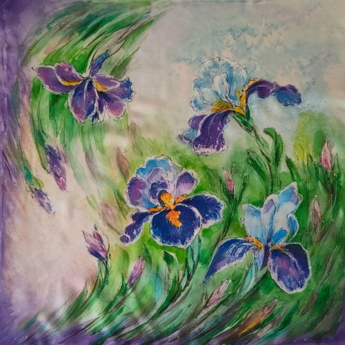 Iris Painting on Silk 70x70 cm New
