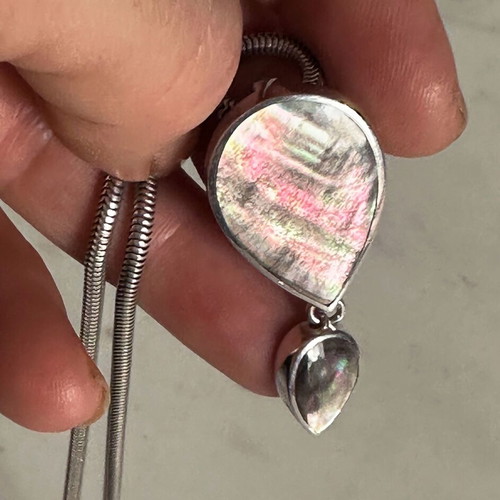Vintage 925 Silver Pendant with Black Mother of Pearl Double Teardrop and Chain