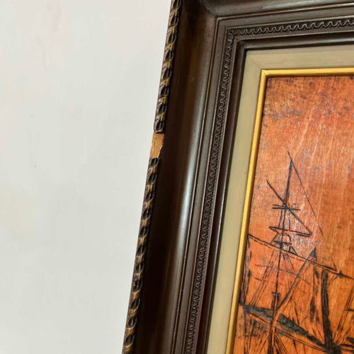 Vintage pyrography wall frame with naval battle scene, artist signed, 50x60