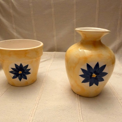 Vase and plant pot set, yellow and blue