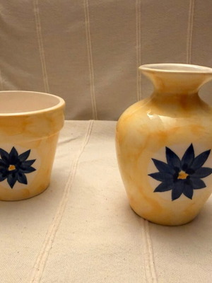 Vase and plant pot set, yellow and blue