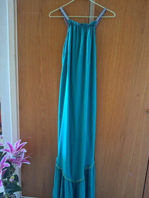 Teal green maxi dress used, size S-M, adjustable straps, side slits