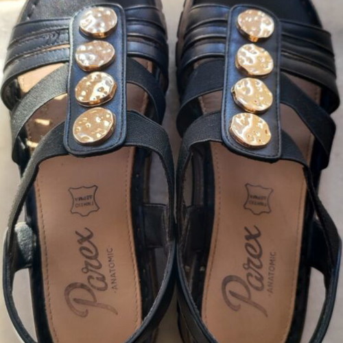 Parex leather summer sandals for girls size 36 like new, black with gold circles