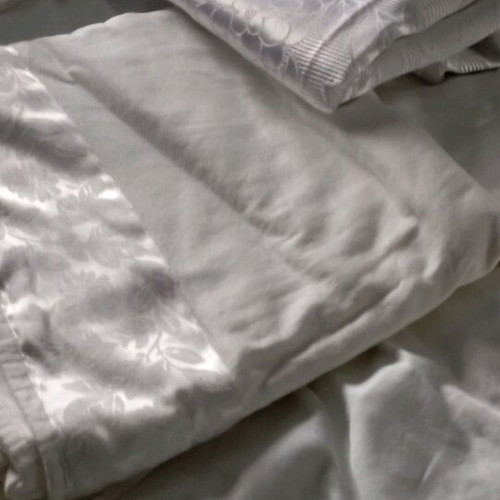 Bridal bedding set like new with satin designs and quilted coverlet