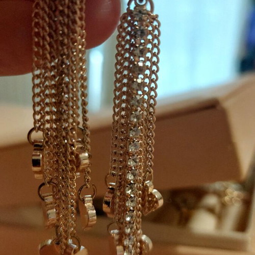 Dangling earrings with hearts and rhinestones like new, rose gold