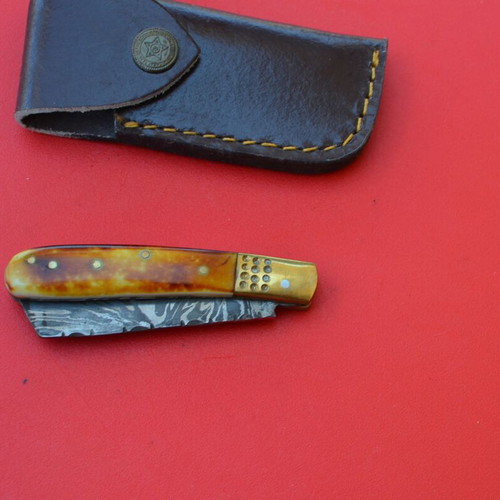 Damascus Custom Made Folding Tando Knife With Stain Bone Handle