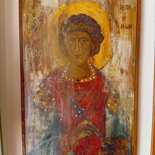 Saint Panteleimon Modern Icon with Sand and Gold Leaf, Like New, 40x70 cm