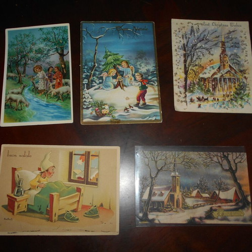 Christmas cards used, pack of 5 chromolithographs