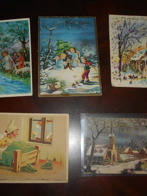 Christmas cards used, pack of 5 chromolithographs