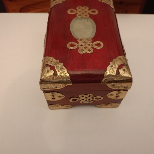 Wooden jewelry box used, red and gold