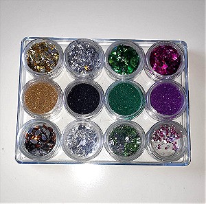 SET 10 -Nail Art Decoration 12 βαζάκια  Flakes-Glitter-Strass Rhinestones