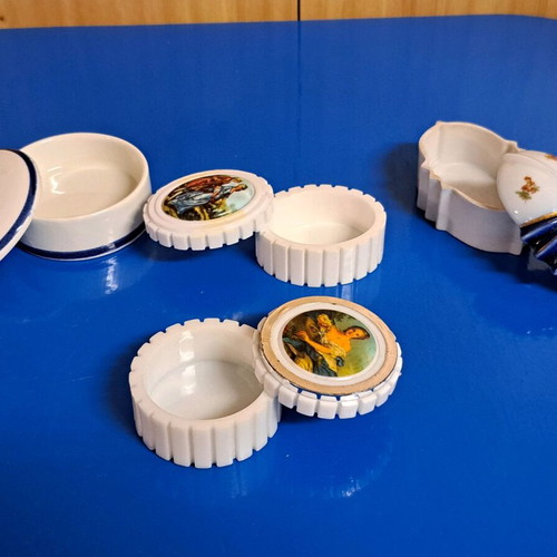 Vintage mini jewelry boxes set of 4 used, white with handpainted designs