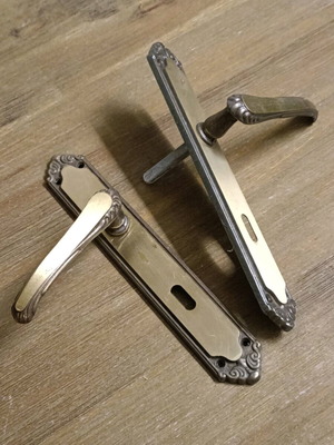 Set of vintage brass door handles with plate used