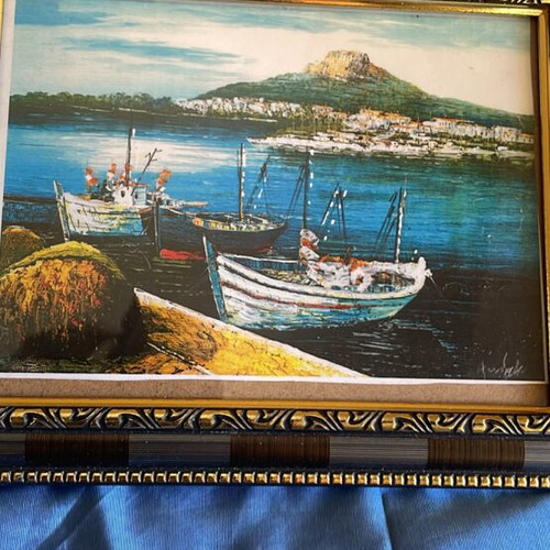 Painting with framed boat image new, 25x20 cm