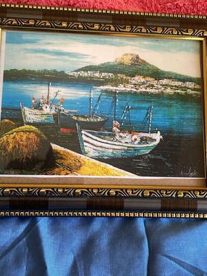 Painting with framed boat image new, 25x20 cm
