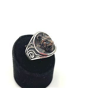 Ασημενιο δαχτυλίδι 925 με κεφάλι λύκου μπρούτζινο