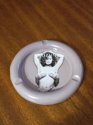 Metal ashtray new, purple with erotic image