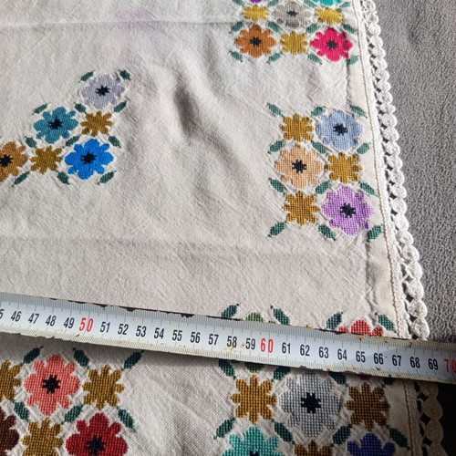 Vintage handmade tablecloth with colorful embroidered flowers like new