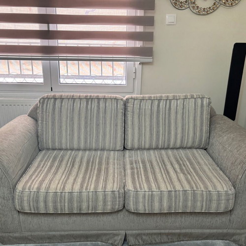Living room furniture set used, 3-seater, 2-seater and armchair, classic style, grey striped fabric
