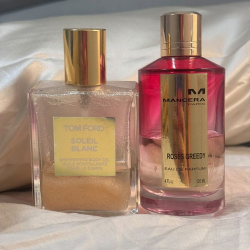 Tom Ford Soleil Blanc shimmering body oil and Mancera Roses Greedy Eau de Parfum