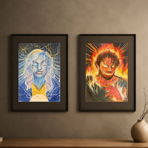 Fire & Light original framed artwork set, 2 pieces