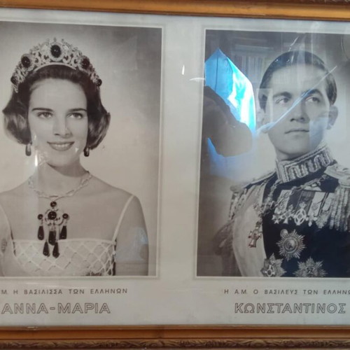 Konstantinos and Anna Maria Kings of the Greeks vintage photo used, framed 74x52 cm