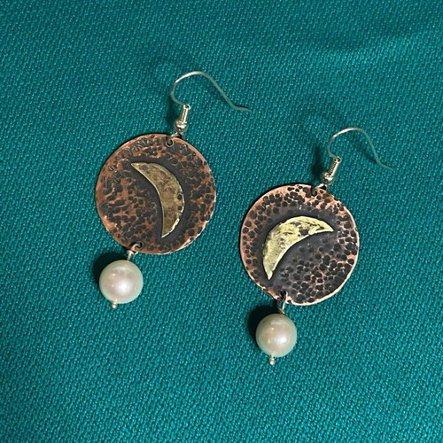 Handmade earrings new, oxidized copper, brass, moon, pearl