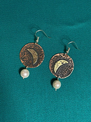 Handmade earrings new, oxidized copper, brass, moon, pearl