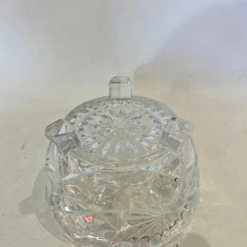 Vintage crystal fondue bowl with engraved designs used