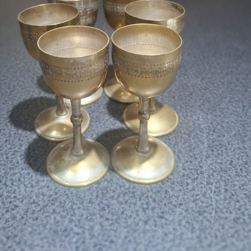 Liqueur glasses set of 6 used, vintage bronze with silver plating