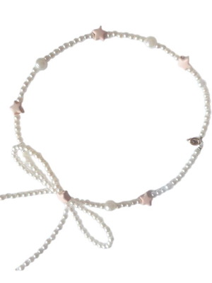 Handmade bow necklace with pearls and pink stars, new