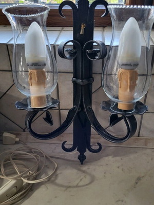 Vintage black metal wall light with two glass shades