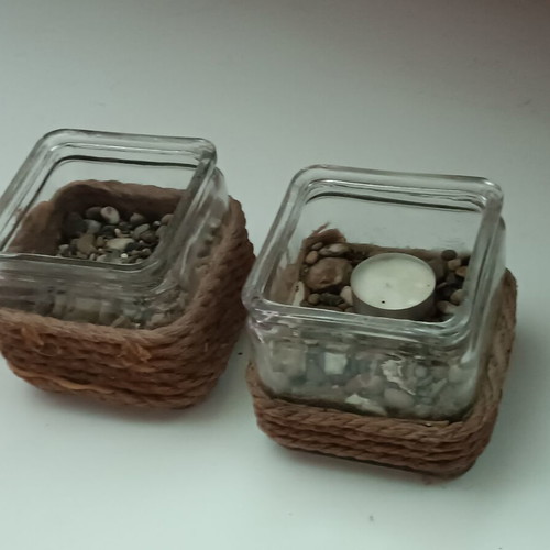 Handmade glass tealight candle holders, set of 2, jute rope