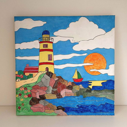 Set of 2 handmade canvas paintings "Windmill & Lighthouse" new