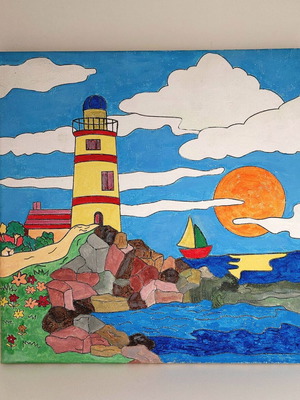 Set of 2 handmade canvas paintings "Windmill & Lighthouse" new