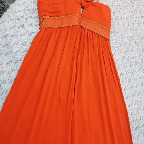 Maxi dress used, cotton orange with leather detail, size M