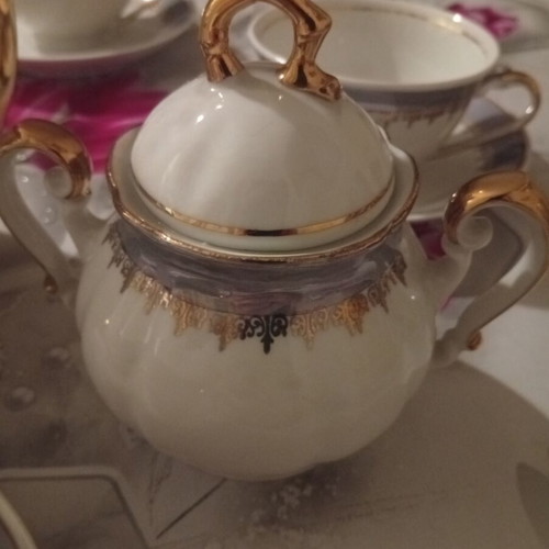 Porcelain vintage luxury tea set, 8 pieces, white and light blue
